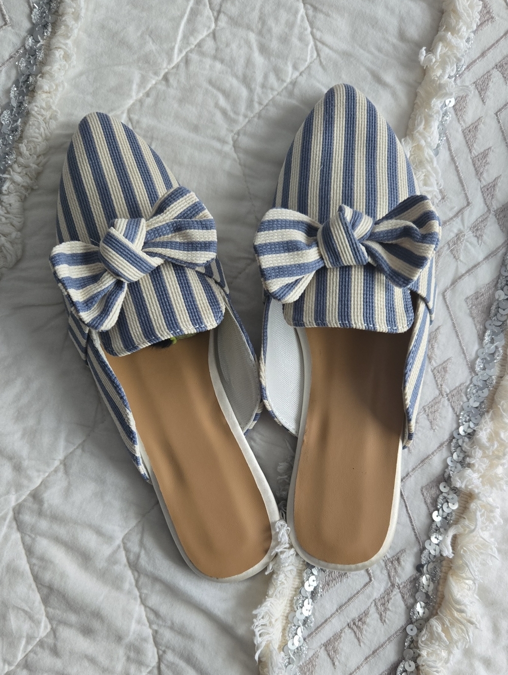 Striped Bow Slip-On Flats - Blue & White